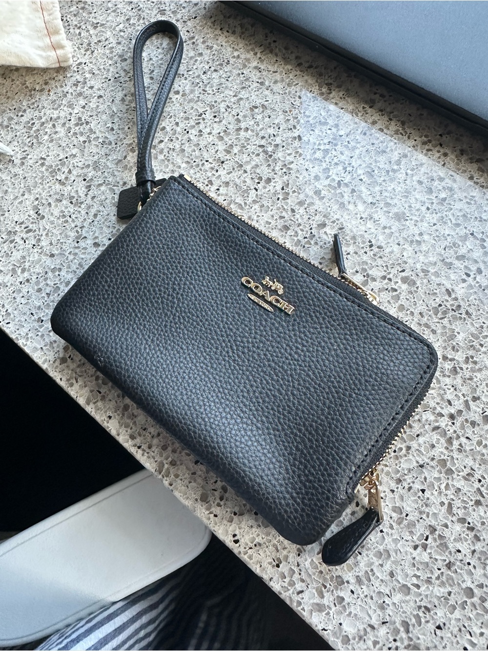 Coach Black Pebbled Leather Double Zip Wristlet Wallet Gold Hardware